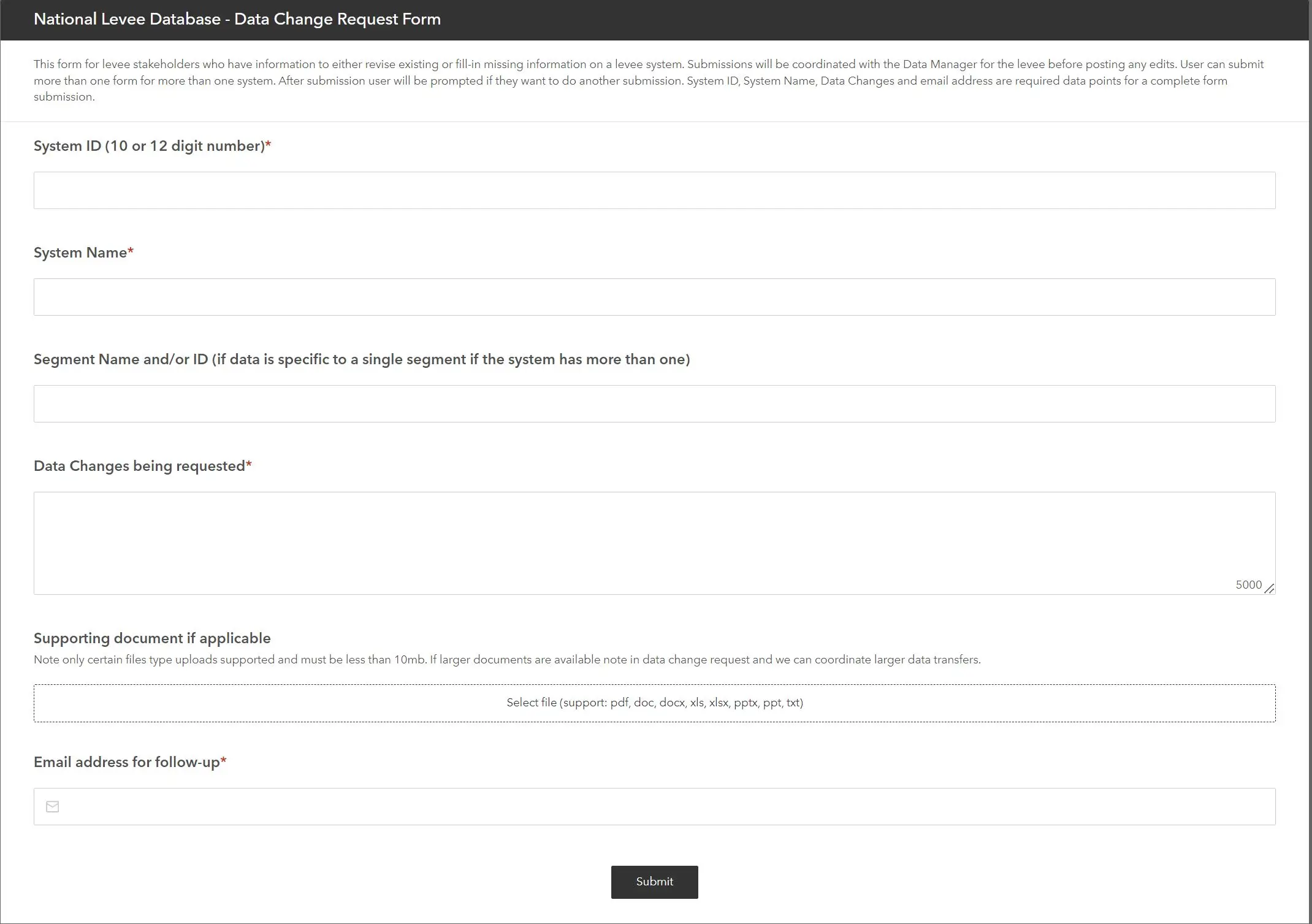 A form for submitting a data change request to the National Levee Database